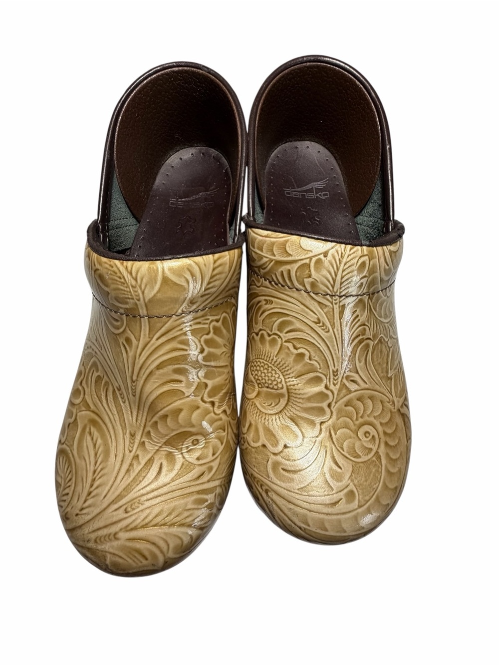 Dansko Professional Antique Tooled Embossed Floral Leather Mules in Tan Sz 40
